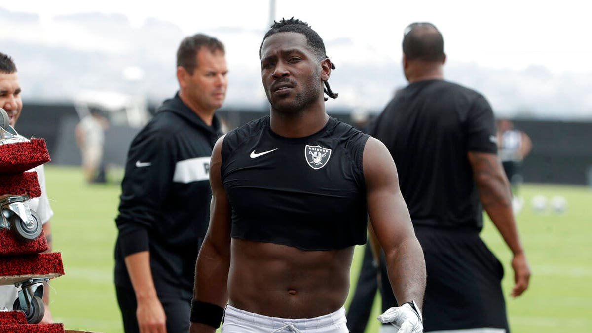 FILE - Antonio Brown, when he was a member of the Oakland Raiders. (AP Photo/Jeff Chiu, File)