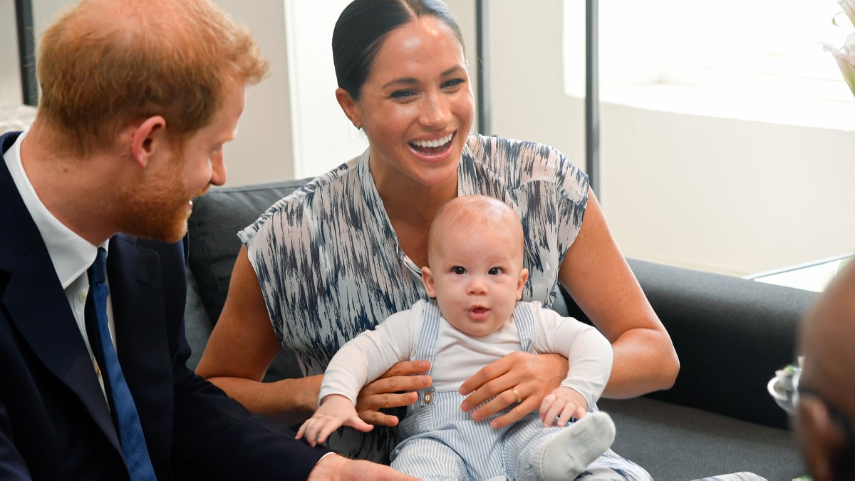 Prince Harry, Duke of Sussex, Meghan, Duchess of Sussex and their baby son Archie Mountbatten-Windsor meet Archbishop Desmond Tutu and his daughter Thandeka Tutu-Gxashe at the Desmond & Leah Tutu Legacy Foundation during their royal tour of South Africa on September 25, 2019, in Cape Town, South Africa.