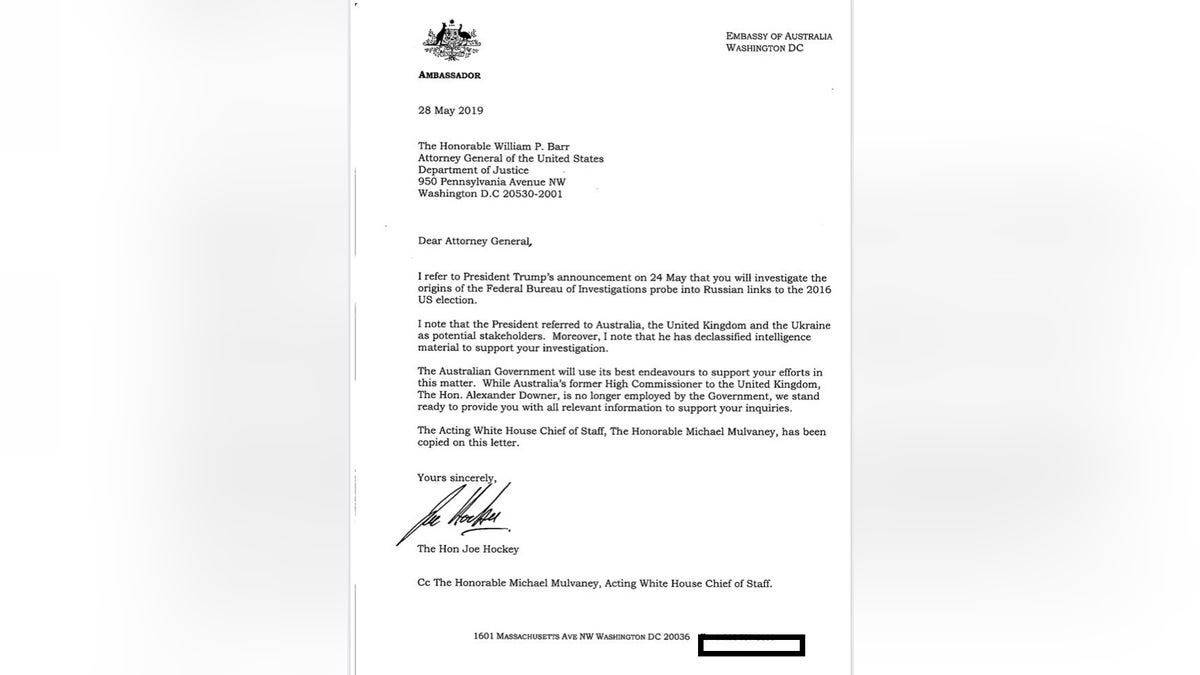 A letter from the Australian Embassy, obtained by Fox News, showed the country offered to help the United States in its probe into the origins of the Russia investigation.