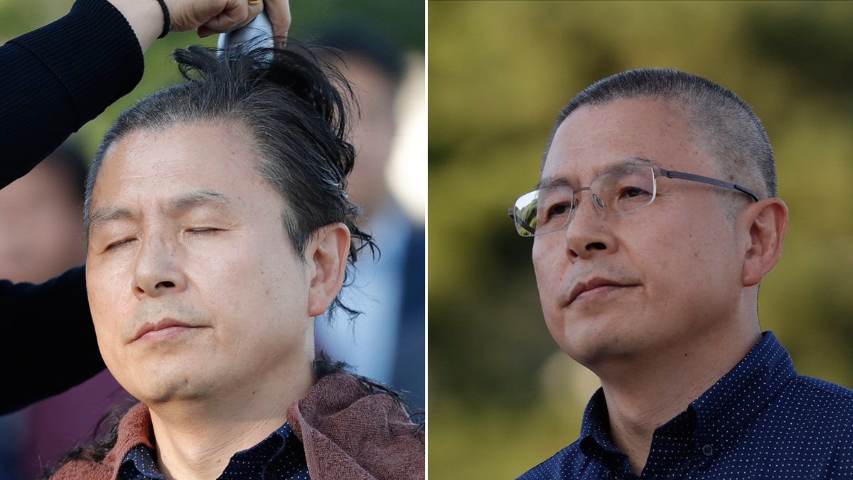 Hwang Kyo-ahn, the main opposition Liberty Korea Party chairman, stands before (left) and after shaved head in Seoul, South Korea, Monday, Sept. 16, 2019. 