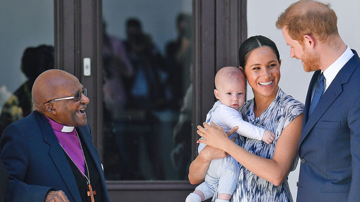 Britain's Duke and Duchess of Sussex, Prince Harry and his wife Meghan Markle hold their baby son Archie as they meet with Archbishop Desmond Tutu at the Tutu Legacy Foundation  in Cape Town on Sep. 25, 2019. The British royal couple are on a 10-day tour of southern Africa -- their first official visit as a family since their son Archie was born in May.