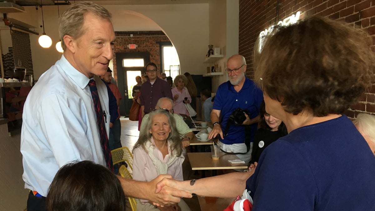 Democratic presidential candidate Tom Steyer greets voters during a campaign stop in Concord, NH on Thursday, Sept. 5, 2019