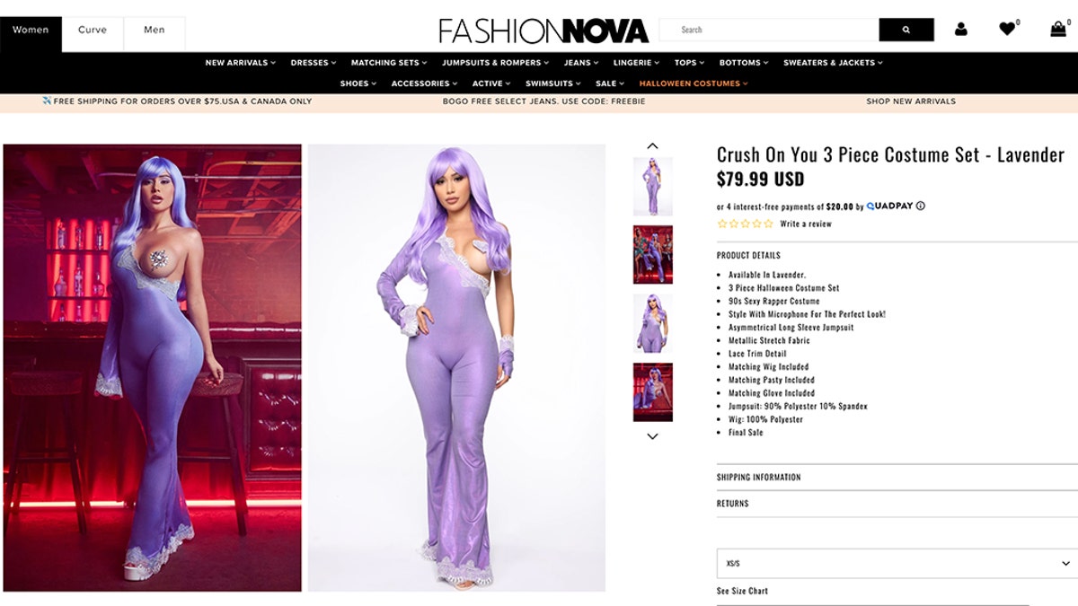 Halloween queens who dare to bare might delight in the skin-tight “Crush On You” purple catsuit, inspired by Lil’ Kim’s legendary attire at the 1999 MTV Music Awards.