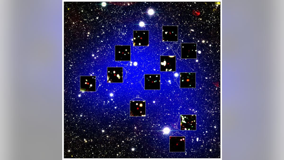 This image shows the region where the ancient galactic structure was found. The blue shading shows the area it covers. The red objects in the zoomed-in bits are the 12 galaxies. (Credit: NAOJ/Harikane et al.)