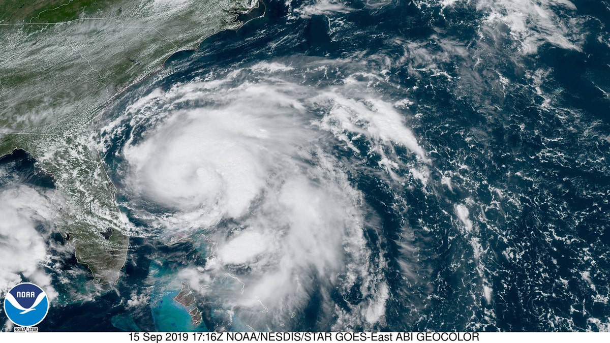 Tropical Storm Humberto can be seen swirling just north of the northwestern Bahamas and off the coast of Florida on Sunday.