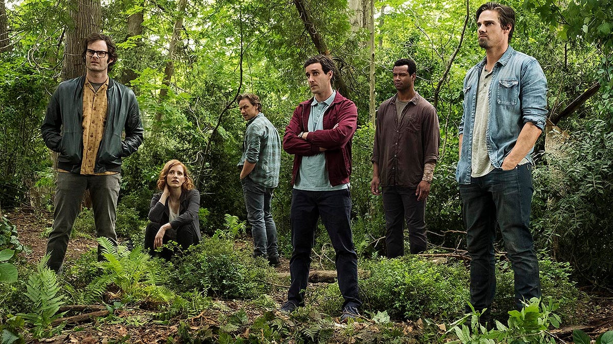 This image released by Warner Bros. Pictures shows, from left, Bill Hader, Jessica Chastain, James McAvoy, James Ransone, Isaiah Mustafa and Jay Ryan in New Line Cinema’s horror thriller 