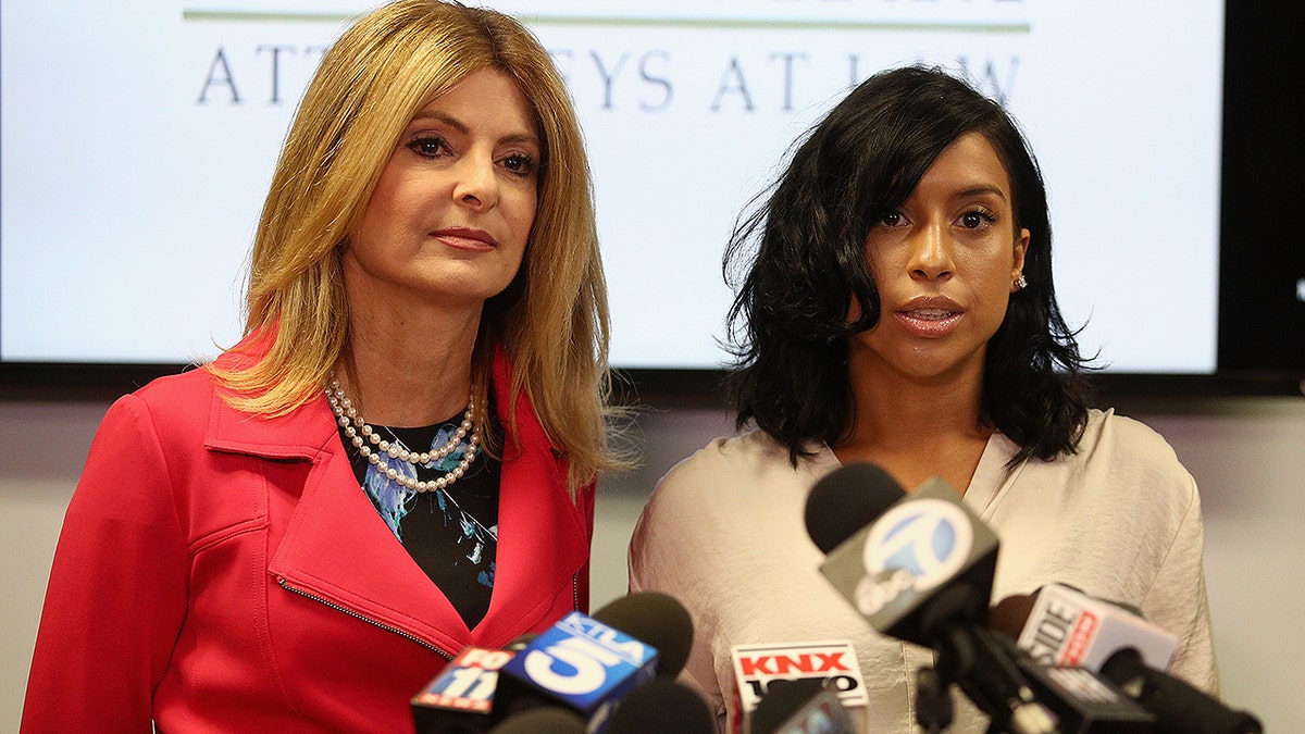 WOODLAND HILLS, CA - SEPTEMBER 20: Lisa Bloom (L), lawyer for Montia Sabbag, speaks regarding the alleged attack on her client's character after accusations that Sabbag attempted to extort comedian Kevin Hart during a press conference held at The Bloom Firm September 20, 2017 in Woodland Hills, California. The scandal stems from a provocative video taken in Las Vegas last month where both Hart and Sabbag are seen. (Photo by Frederick M. Brown/Getty Images)