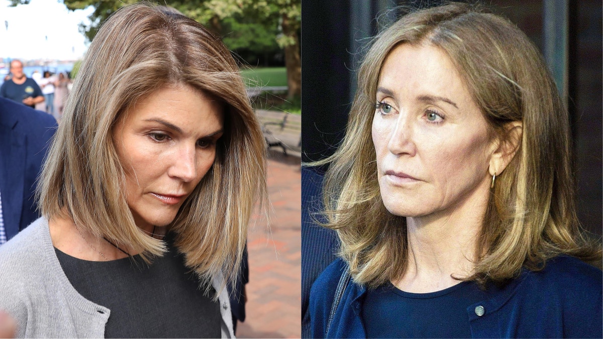 Lori Loughlin appears in court in Boston in September 2019 about the college admissions scandal. At right, Felicity Huffman leaves her sentencing in the college admissions scam case, dubbed "Operation Varsity Blues." Huffman will serve 14 days in federal prison.
