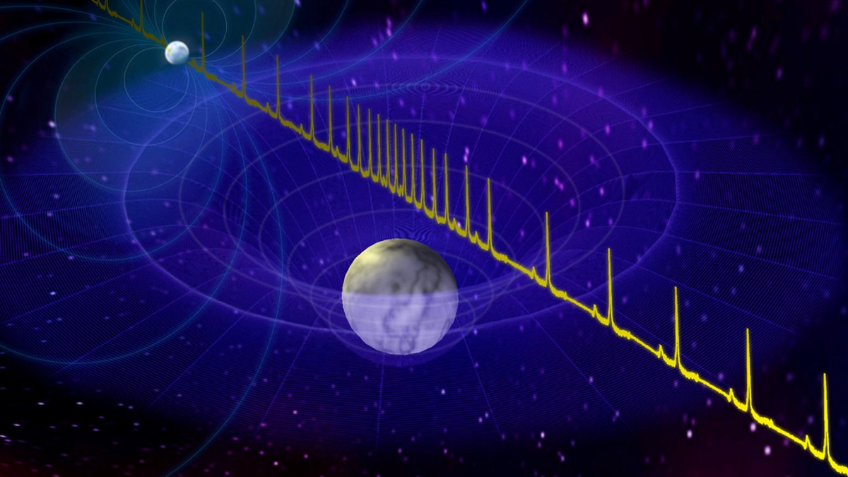 Artist impression of the pulse from a massive neutron star being delayed by the passage of a white dwarf star between the neutron star and Earth. This phenomenon is known as "Shapiro Delay." In essence, gravity from the white dwarf star slightly warps the space surrounding it, in accordance with Einstein's general theory of relativity. (Credit: SWNS)