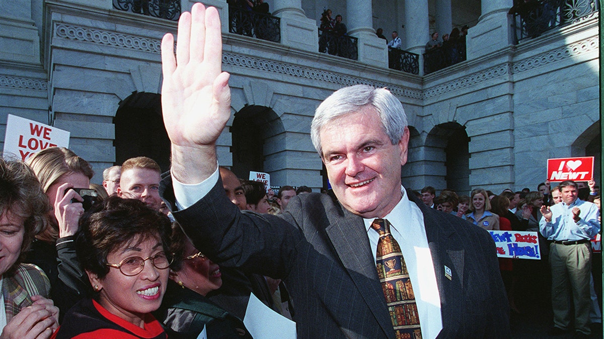 FILE – UNITED STATES - NOVEMBER 09, 1998: Speaker of the House Newt Gingrich, R-Ga., makes his first visit to the Capitol after announcing that he will be stepping down from his position as speaker.  (Photo by Douglas Graham/Congressional Quarterly/Getty Images)