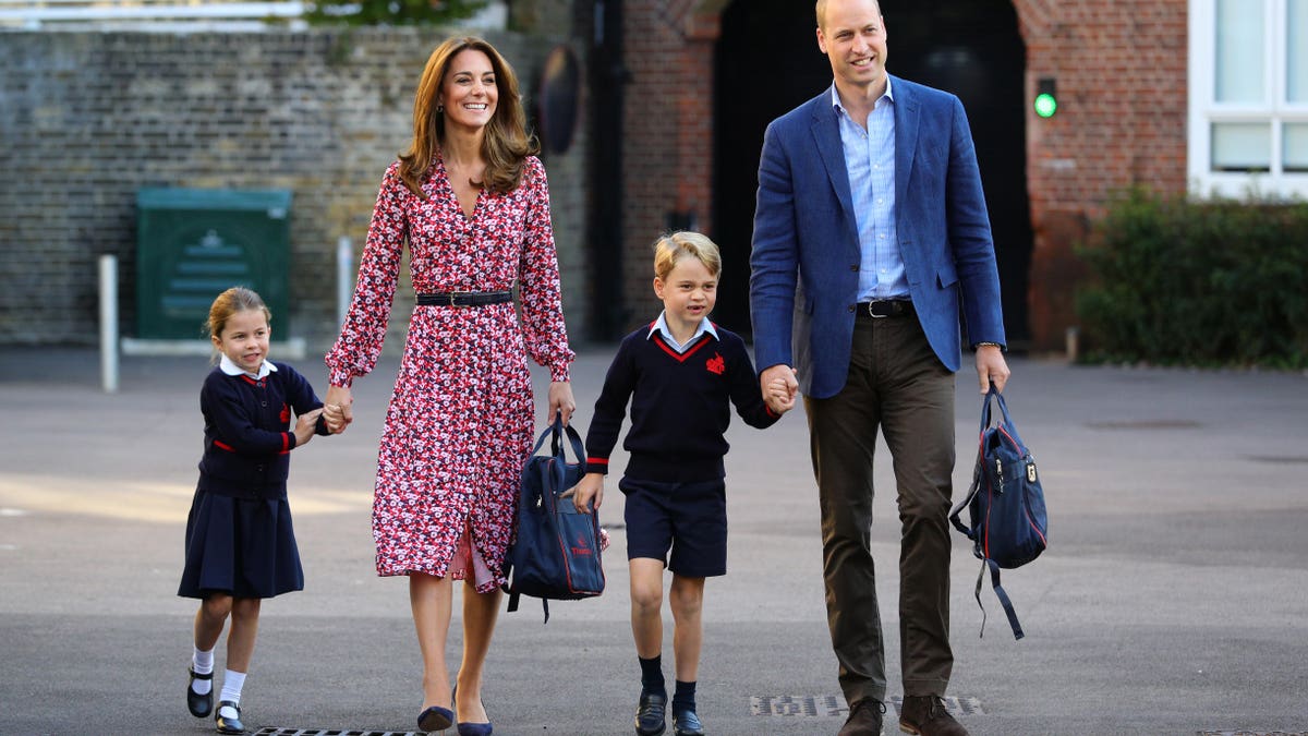 LONDON, UNITED KINGDOM - SEPTEMBER 5: Princess Charlotte arrives for her first day of school, with her brother Prince George and her parents the Duke and Duchess of Cambridge, at Thomas's Battersea in London on September 5, 2019 in London, England. (Photo by Aaron Chown - WPA Pool/Getty Images)