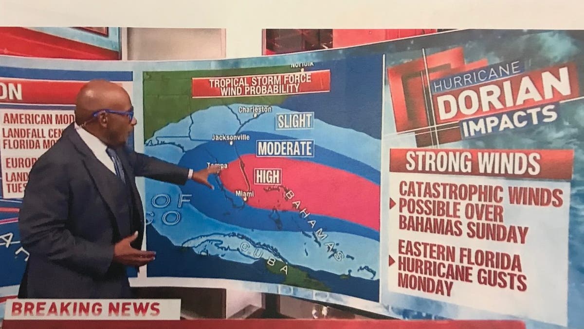 President Trump handed out this screenshot of an NBC News segment showing Alabama possibly being affected by Dorian. (John Roberts/Fox News)