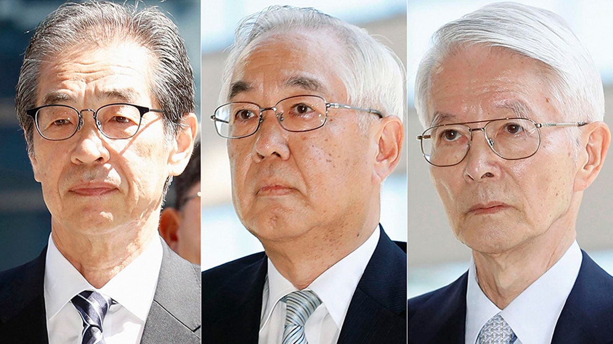 In this combination of photos, from left, former Tokyo Electric Power Co. (TEPCO) Vice Presidents Ichiro Takekuro and Sakae Muto and chairman Tsunehisa Katsumat arrive at Tokyo District Court in Tokyo Thursday.