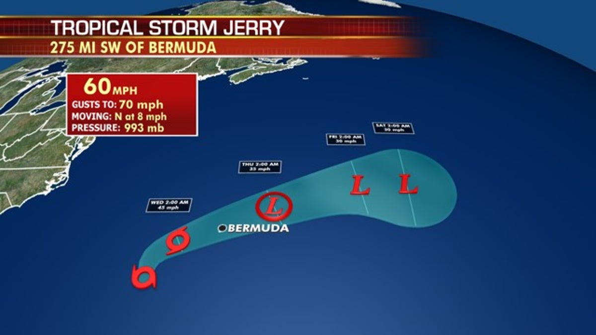 The forecast track of Tropical Storm Jerry.