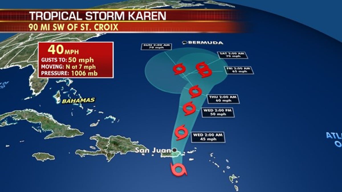 The forecast track of Tropical Storm Karen.