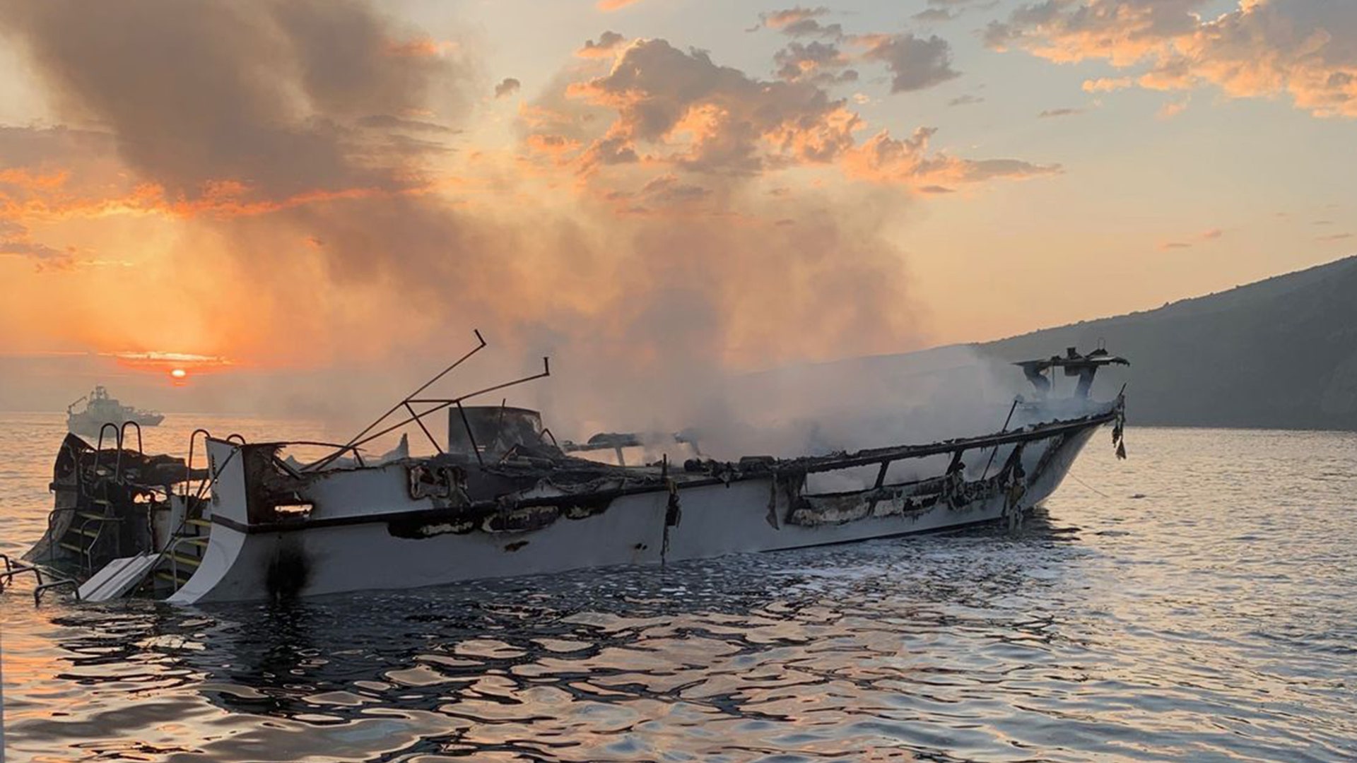 The charter dive boat "Conception" after it caught fire killing 34 people off Santa Cruz Island, near the coast of Ventura County, Calif. Sept. 2, 2019. 