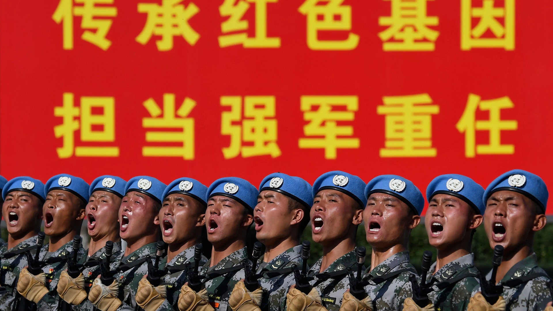 Soldiers practice marching ahead of the military parade to celebrate the 70th anniversary of the founding of the People's Republic of China in Beijing, Sept. 25, 2019. 