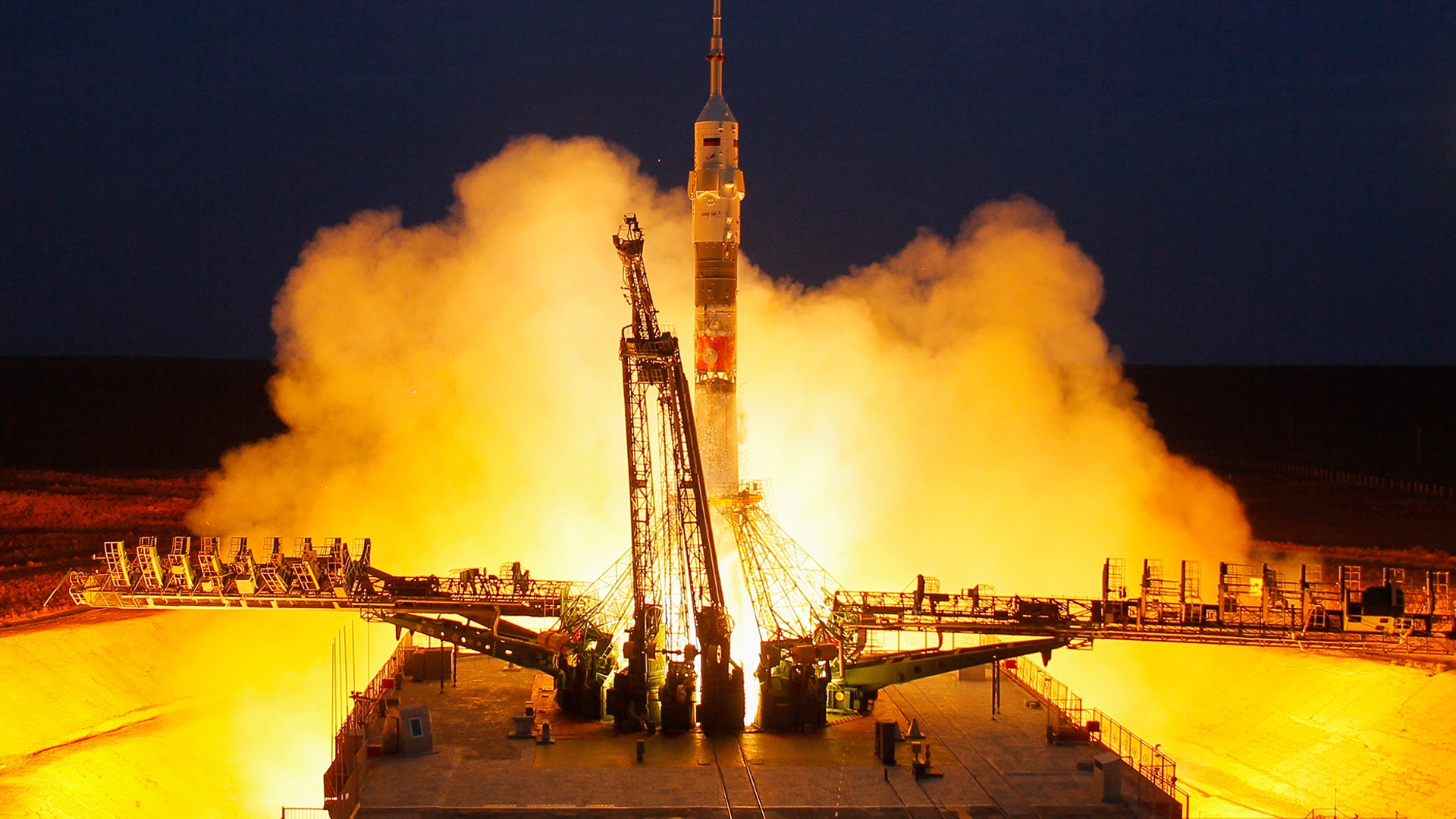 The Soyuz-FG rocket booster with Soyuz MS-15 space ship carrying a new crew to the International Space Station blasts off at the Russian leased Baikonur cosmodrome, Kazakhstan, Sept. 25, 2019. 