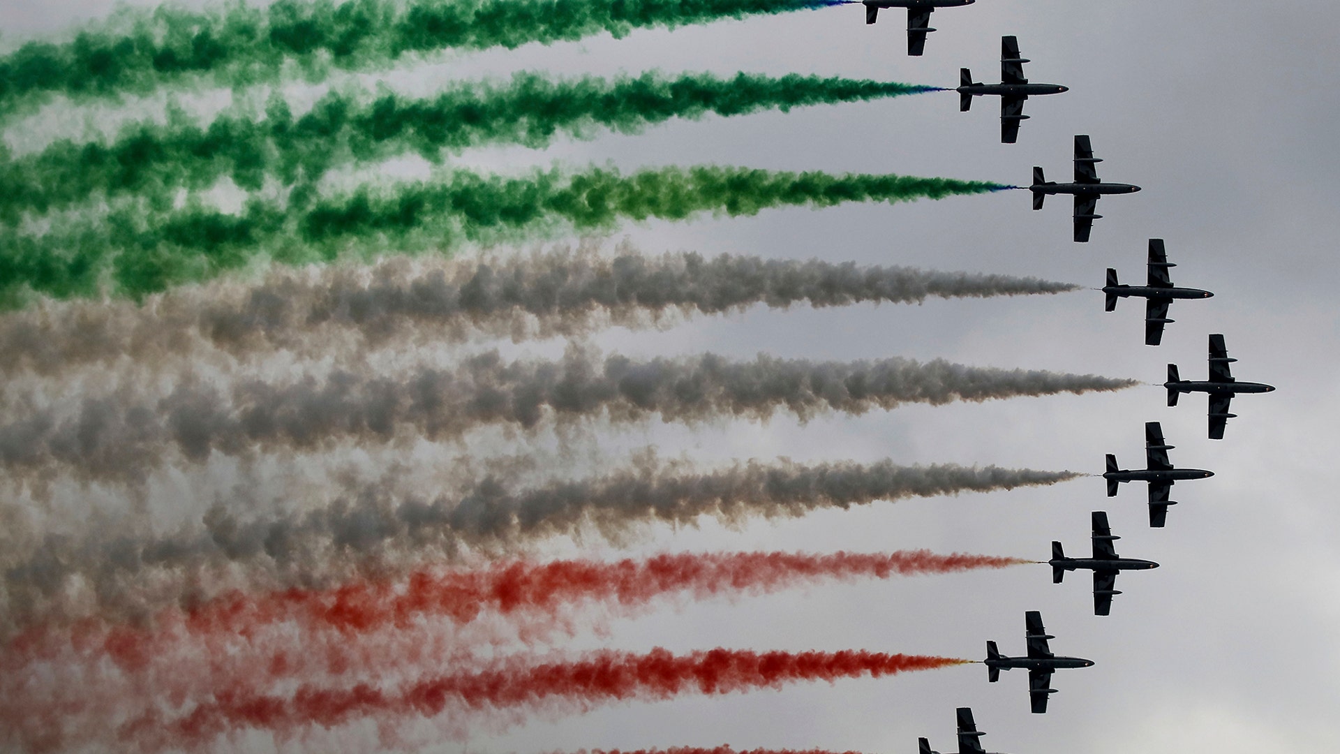 The Frecce Tricolori Italian Air Force aerobatic team performs during the Airpower 19 airplane show in Zeltweg, Styria, Austria, Sept. 6, 2019. 