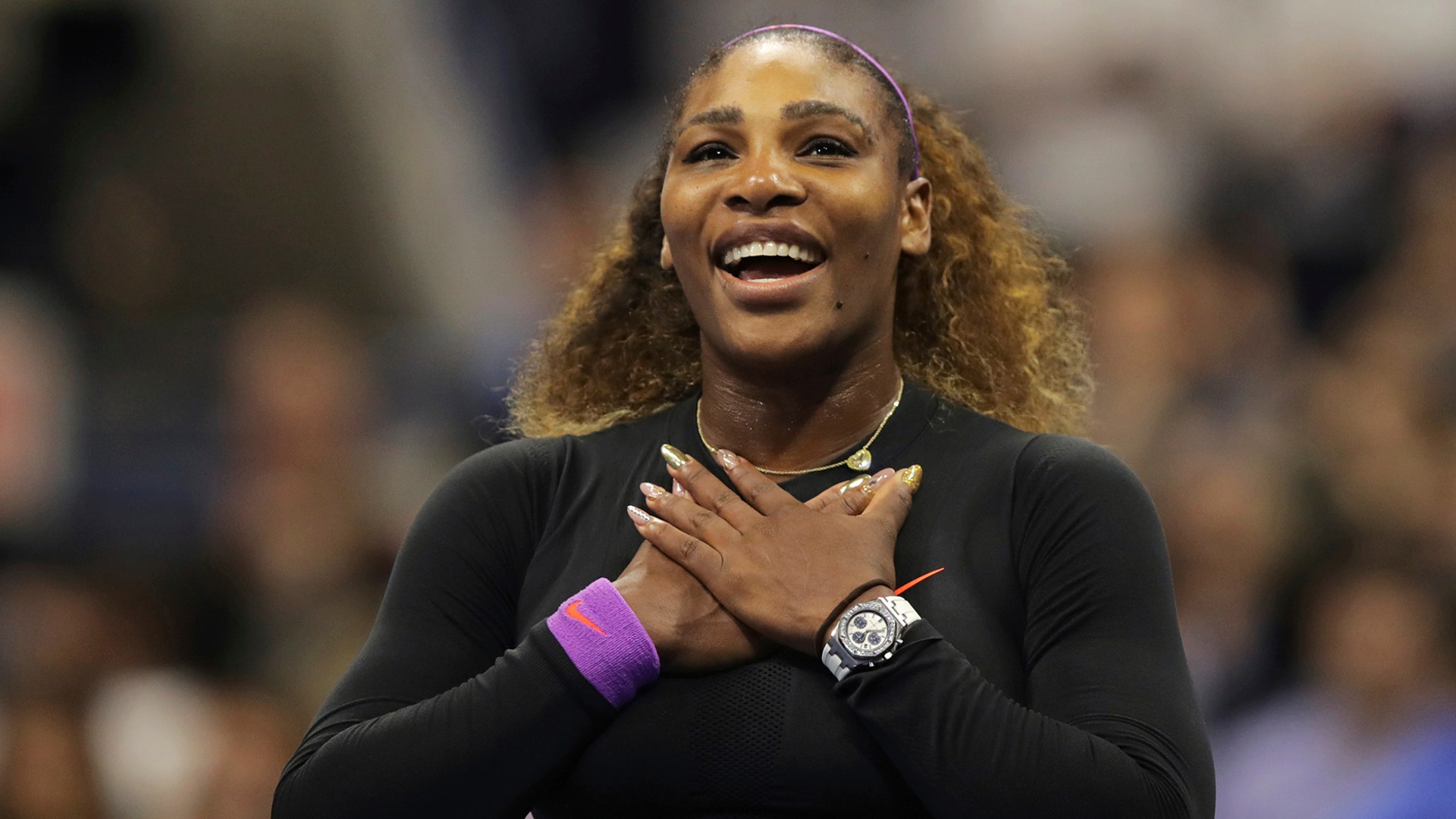 Serena Williams reacts after defeating Elina Svitolina, of Ukraine, during the semifinals of the U.S. Open tennis championships in New York, Sept. 5, 2019. 