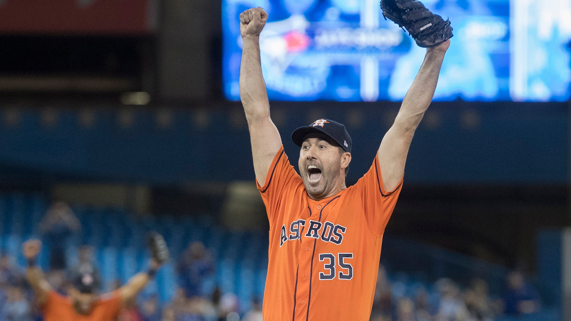Houston Astros starter Justin Verlander reacts after pitching a no-hitter against the Toronto Blue Jays in Toronto, Sept. 1, 2019. 