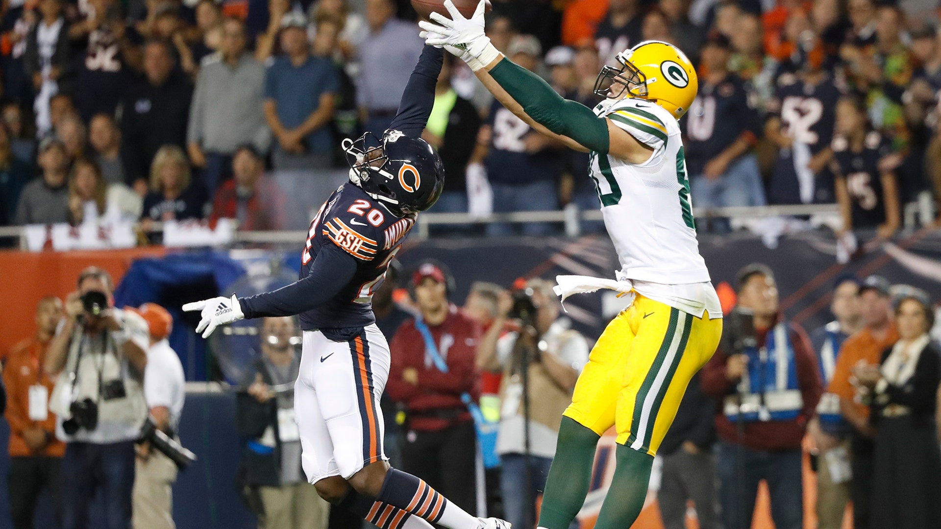 Chicago Bears' Prince Amukamara breaks up a pass intended for Green Bay Packers' Jimmy Graham during the second half of an NFL football game in Chicago, Sept. 5, 2019.