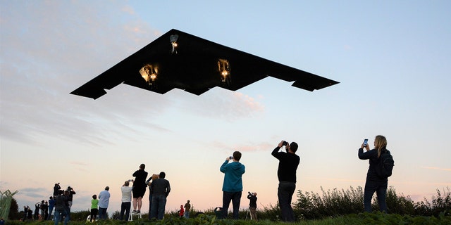 The Northrop Grumman B-2 Stealth Bomber comes in to land at RAF Fairford, Gloucestershire on September 11th, 2019 - Close up underneath photos of the B-2 bombers - the world's most expensive and secretive planes - returning from a training exercise from Iceland.