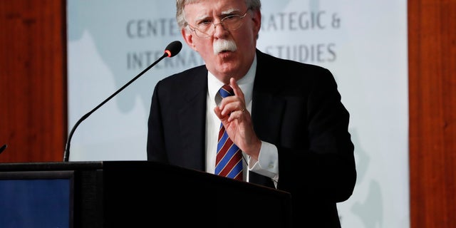 Former National Security Adviser John Bolton gestures while speaking at the Center for Strategic and International Studies in Washington on Monday. (AP Photo/Pablo Martinez Monsivais)