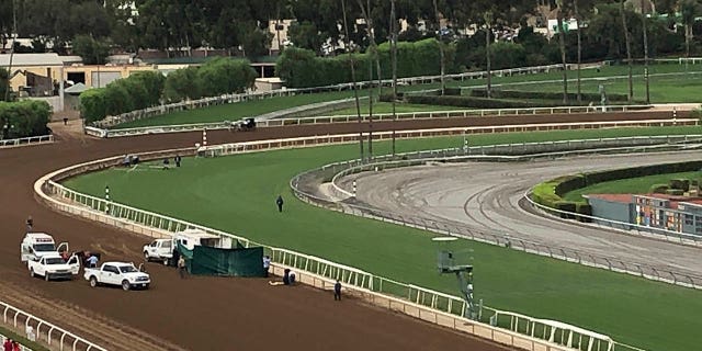 Track personnel attend Emtech, a 3-year-old colt, after he went down in the stretch at Santa Anita Race rack in the eighth race in Arcadia, Calif. on Saturday, Sept. 28, 2019 and tossed two-time Kentucky Derby-winning jockey Mario Gutierrez. Gutierrez, the 32-year-old rider who won the Kentucky Derby in 2012 and 2016, was taken away by ambulance. (AP Photo/Beth Harris)