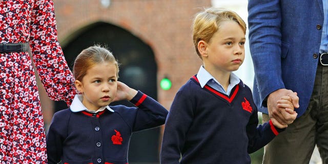 Princess Charlotte arrives for her first day of school at Thomas's Battersea in London, with her brother Prince George and her parents the Duke and Duchess of Cambridge on Sept. 5, 2019 in London.