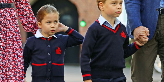 Princess Charlotte arrives for her first day of school at Thomas's Battersea in London, with her brother Prince George and her parents the Duke and Duchess of Cambridge on Sept. 5, 2019 in London.