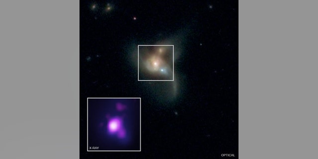 A view from multiple telescopes of SDSS J084905.51+111447.2, a system of three merging galaxies found about 1 billion light-years from Earth. The system harbors three supermassive black holes on a collision course, a new study reports. (Credit: X-ray: NASA/CXC/George Mason Univ./R. Pfeifle et al.; Optical: SDSS &amp; NASA/STScI)