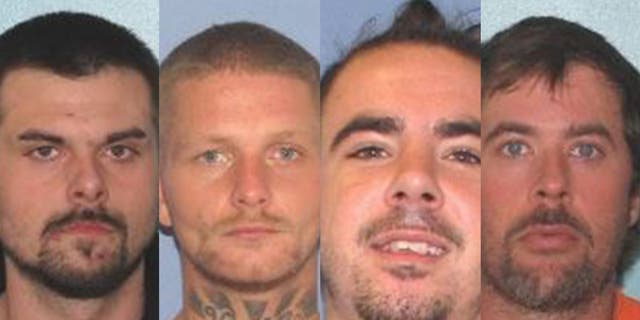 ​​​Mugshots show, left to right, Lawrence Lee, 29; Troy McDaniel, 30; Christopher Clemente, 24; and Brynn Martin, 40. The four inmates escaped from the Gallia County Jail early Sunday after overpowering two female guards, investigators said. (Gallia County Sheriff's Office)