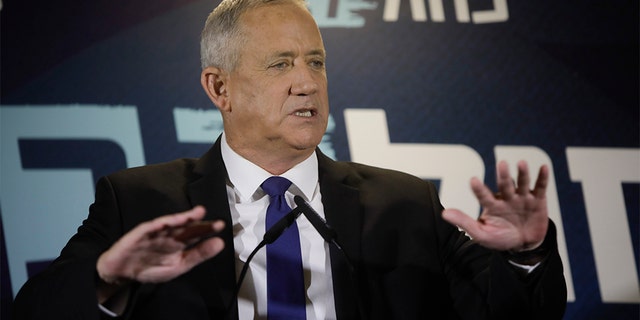 Blue and White party leader Benny Gantz delivering a statement in Tel Aviv this past Thursday. 