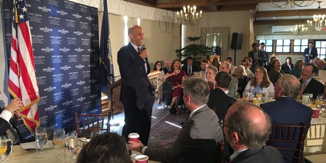 Democratic presidential candidate Sen. Cory Booker of New Jersey headlines the 'Politics and Eggs' speaking series, in Bedford, NH on Sept. 26, 2019