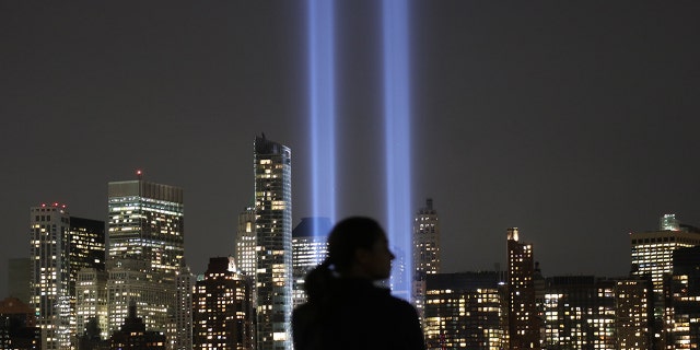 The annual Tribute in Light appears over lower Manhattan on Sept. 11, 2017 as seen from Jersey City, N.J. (Photo by Gary Hershorn/Getty Images)