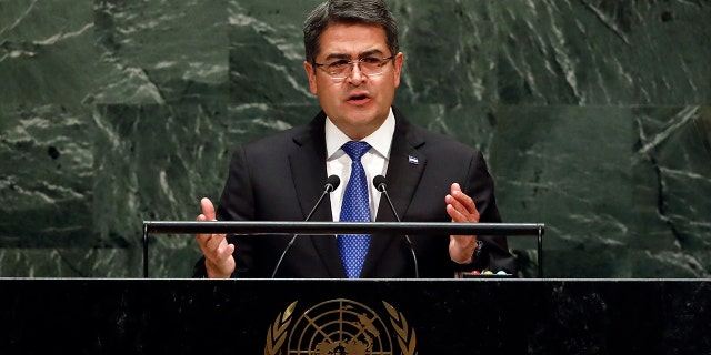 Honduras President Juan Orlando Hernandez Alvarado addresses the United Nations General Assembly Wednesday. (AP Photo/Richard Drew)