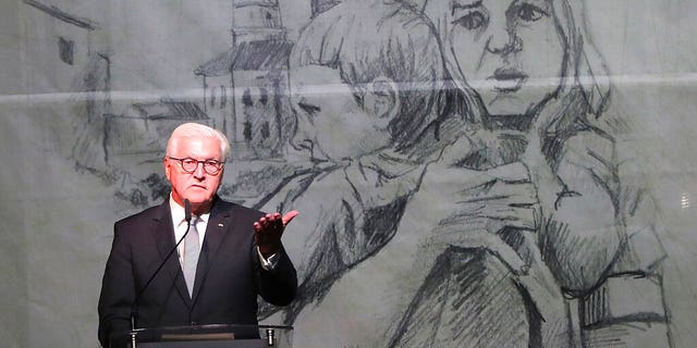 German President Frank-Walter Steinmeier speaks at the commemoration ceremony of the 80th anniversary of the start of World War II, in Wielun, Poland, Sunday, Sept. 1, 2019. (AP Photo/Czarek Sokolowski)
