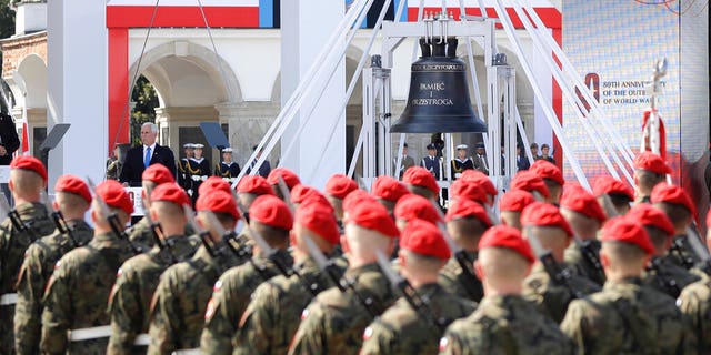 U.S. Vice President Mike Pence speaks during a memorial ceremony marking the 80th anniversary of the start of World War II in Warsaw, Poland, Sunday, Sept. 1, 2019. (AP Photo/Petr David Josek)