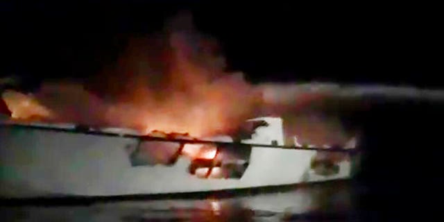 This image made from a video shows the design before it subsided off the island of Santa Cruz on Monday morning. (Captain Paul Amaral / TowBoatUS Ventura via AP)
