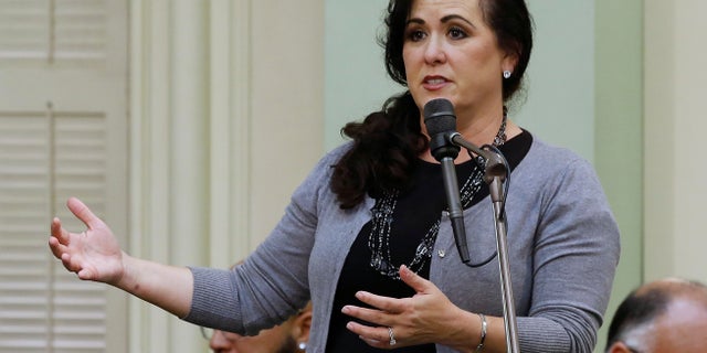 Assemblywoman Lorena Gonzalez speaks during the Assembly session in Sacramento, Calif. Gov. Gavin Newsom signed Gonzalez' bill, AB273, that now makes it illegal to trap animals in California for recreation or to sell their fur, Wednesday, Sept. 4, 2019.