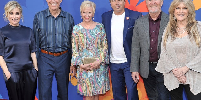 From left to right: Maureen McCormick, Barry Williams, Eve Plumb, Christopher Knight, Mike Lookinland and Susan Olsen at the premiere of "A Very Brady Renovation" in 2019. (Photo by Richard Shotwell/Invision/AP)