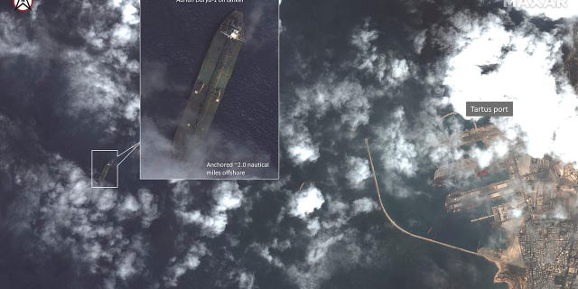 This satellite image provided by Maxar Technologies appears to show the Iranian oil tanker Adrian Darya-1 off the coast of Tartus, Syria, Sept. 6, 2019.<br>
(Maxar Technologies via AP)