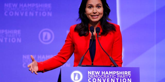 Democratic presidential candidate U.S. Rep. Tulsi Gabbard, D-Hawaii, speaks during the New Hampshire state Democratic Party convention, Saturday, Sept. 7, 2019, in Manchester, NH.