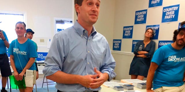 Democratic House candidate Dan McCready talks to volunteers at his campaign office in Waxhaw, N.C., outside Charlotte, Saturday. (AP Photo/Alan Fram)