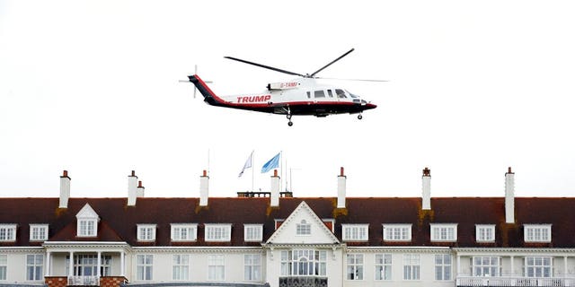 Donald Trump's helicopter leaves the Trump Turnberry resort in Scotland in this August 2015