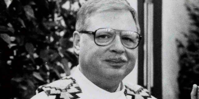 This 1989 file photo shows Father Arthur Perrault in Albuquerque, N.M. The former Roman Catholic priest found guilty of aggravated sexual abuse in New Mexico is scheduled to be sentenced Friday, Sept. 13, 2019, in Santa Fe.