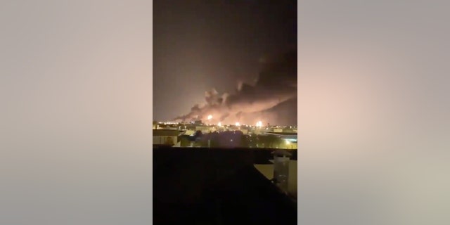 Smoke fills the sky at the Abqaiq oil processing facility on Saturday, Sept. 14, 2019 in Saudi Arabia. Drones claimed by Yemen's Houthi rebels attacked the world's largest oil processing facility in Saudi Arabia and a major oilfield operated by Saudi Aramco early Saturday, sparking a huge fire at a processor crucial to global energy supplies. (Validated UGC via AP)