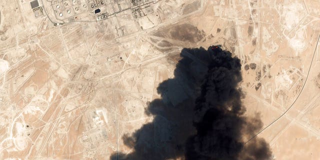 Saturday's satellite image showed thick black smoke emanating from Saudi Arabia's Abqaiq oil processing plant in Buqyaq, Saudi Arabia. 