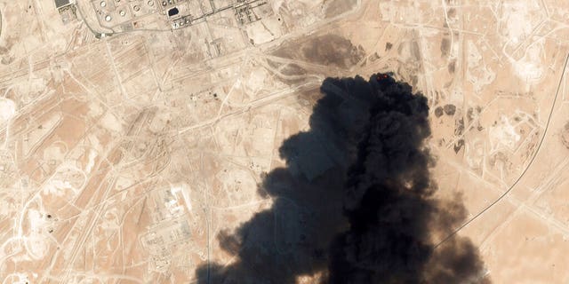 This Saturday's satellite image showed thick black smoke rising from Saudi Aramco's Abqaiq oil processing plant in Buqyaq, Saudi Arabia.